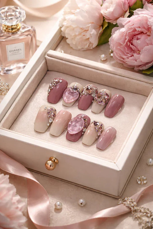 Rose Quartz Heart Luxury Press-On Nails Set Press on nails fake nails