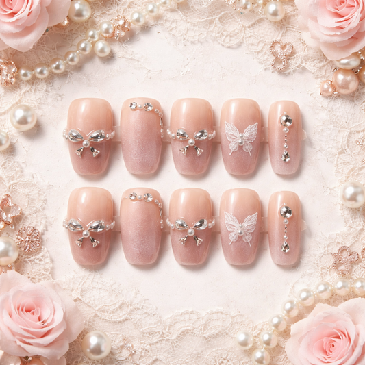 Fake nails press on nials luxury nails Blush Pink Butterfly Rhinestone Press-On Nails – Luxury Coffin Fake Nail Set