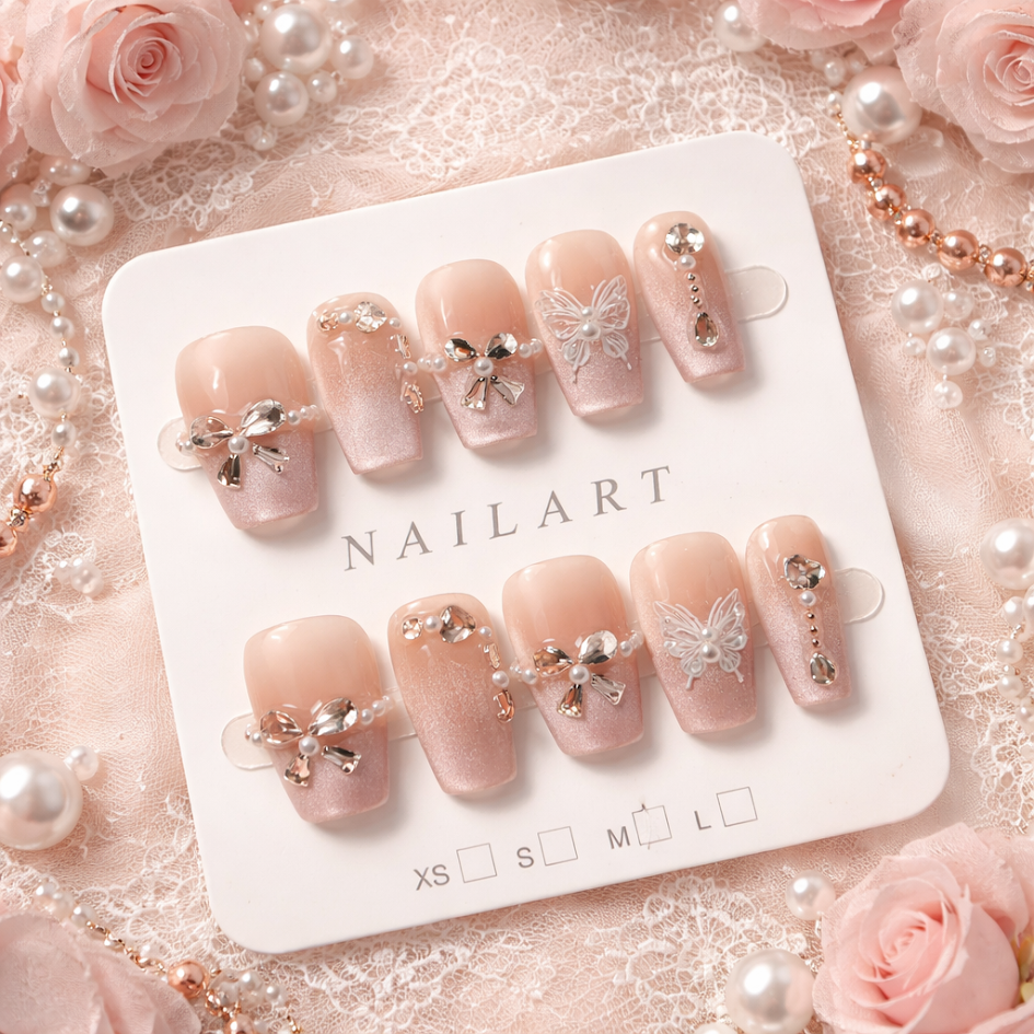 Fake nails press on nials luxury nails Blush Pink Butterfly Rhinestone Press-On Nails – Luxury Coffin Fake Nail Set