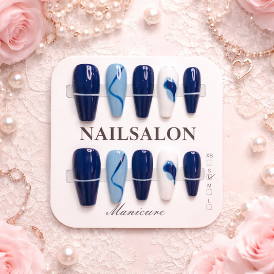 Blue Marble Press-On Nails Set – Glossy Long Coffin Fake Nails with Design Fake Nails Press-on nails luxury nails