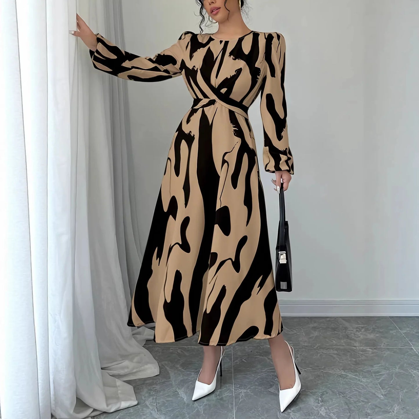 Womens Asymmetrical Printed Tie Bow-Detailed Elastic-Cuff Casual Resort Maxi Dress For Women